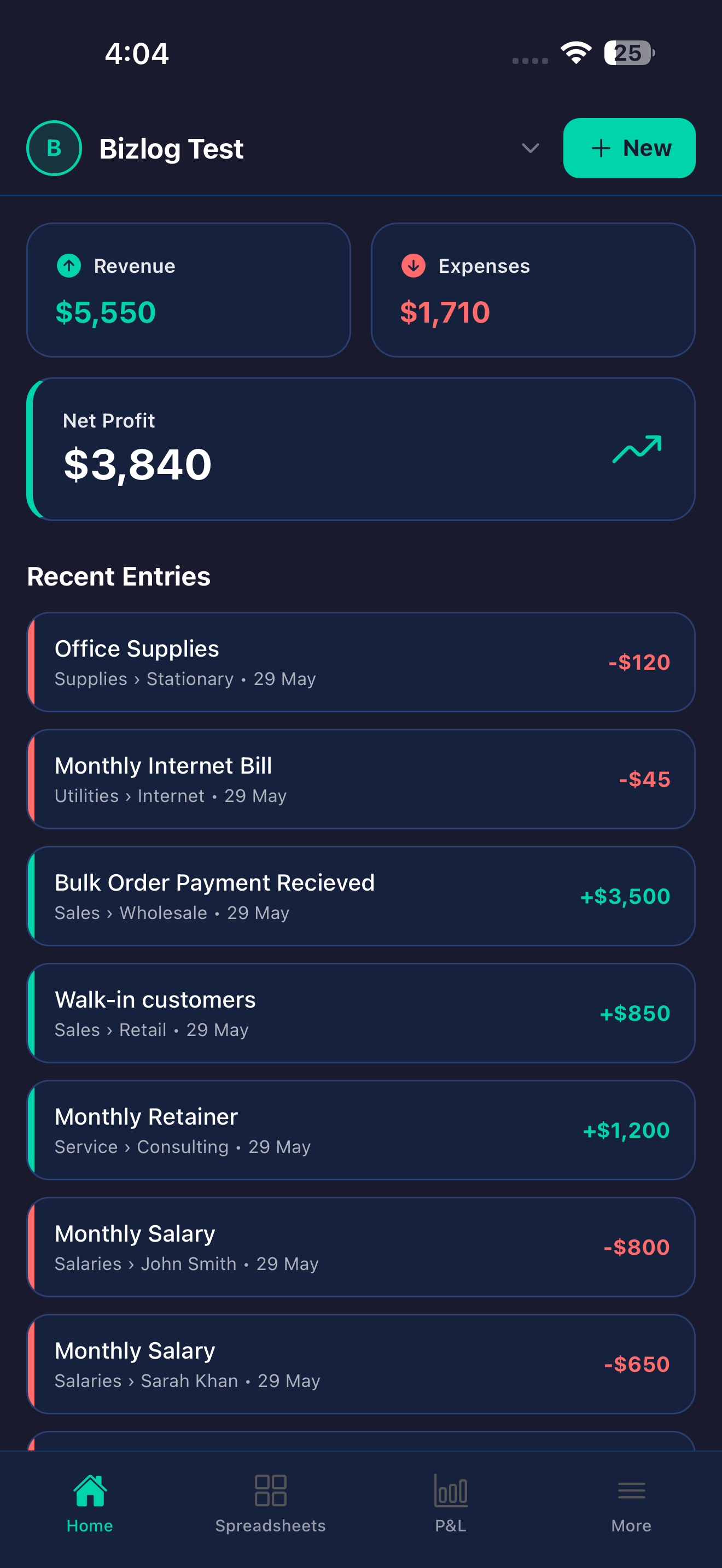 BizLog home screen