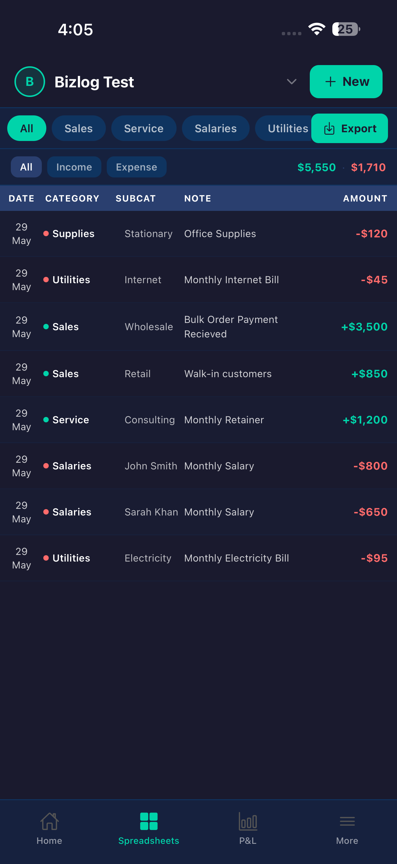 BizLog spreadsheet