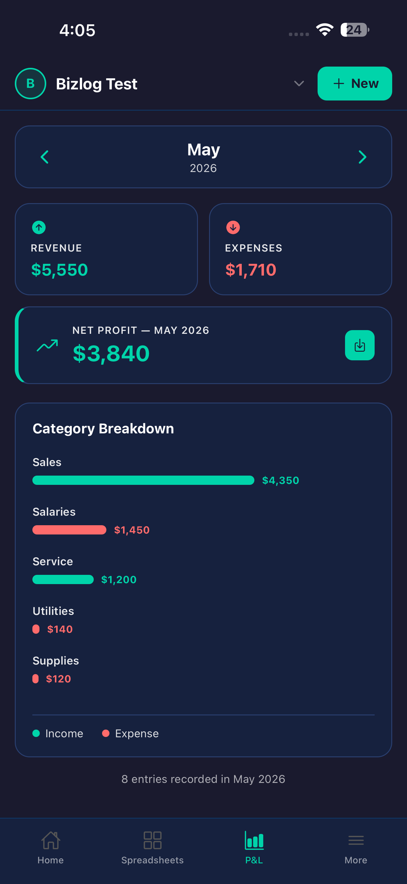 BizLog P&L screen