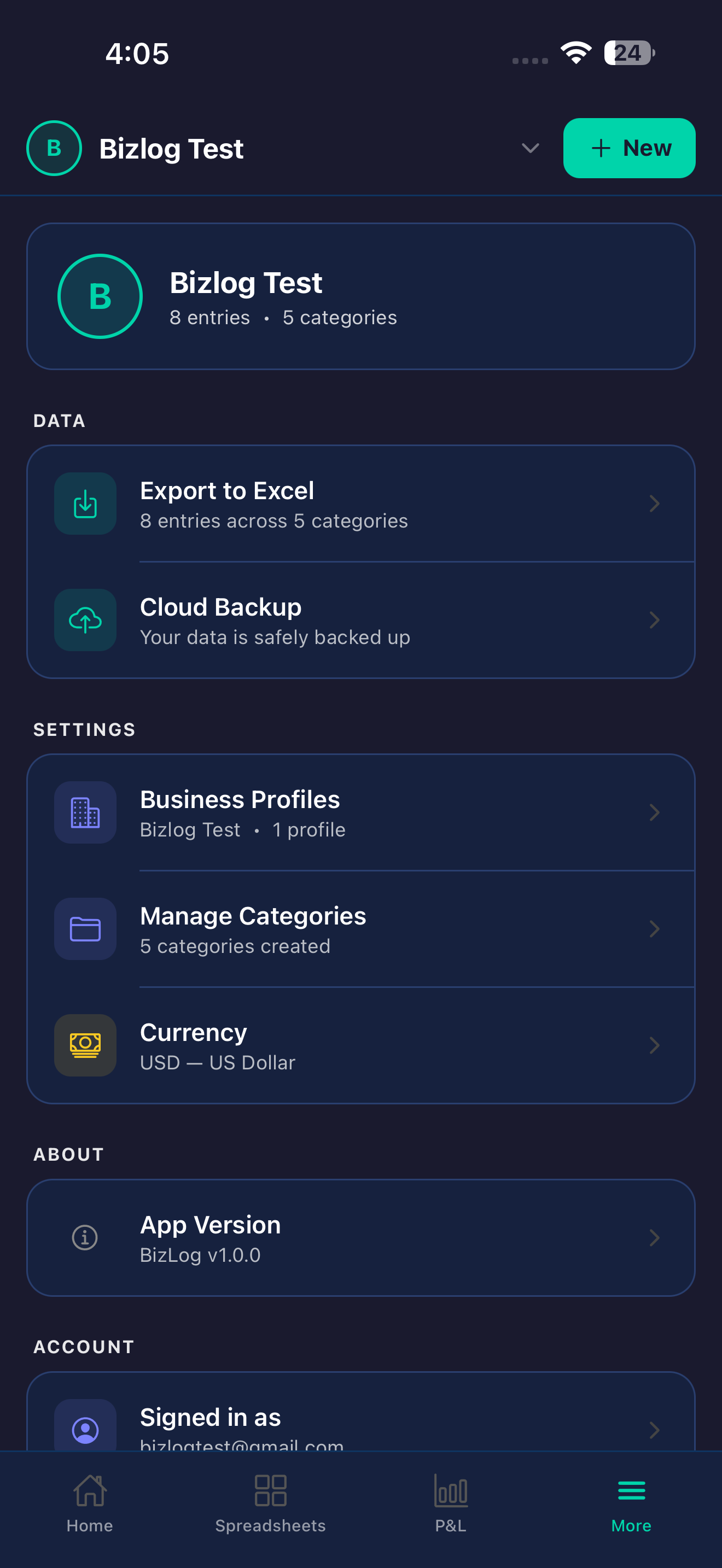 BizLog more screen